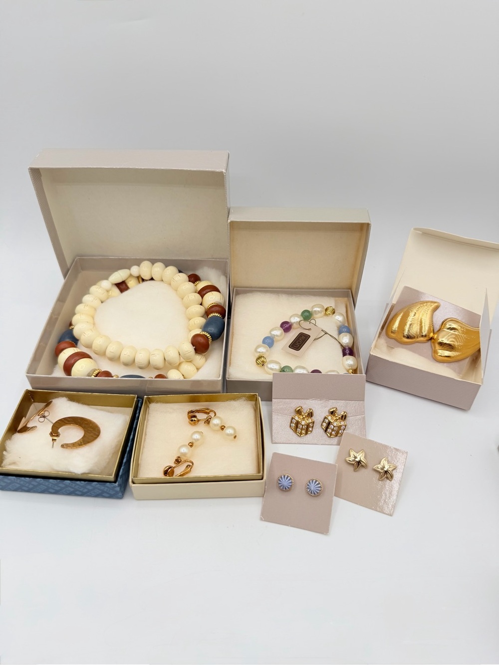 Avon Gold-Tone and Cream Beaded Earrings & Jewelry Set